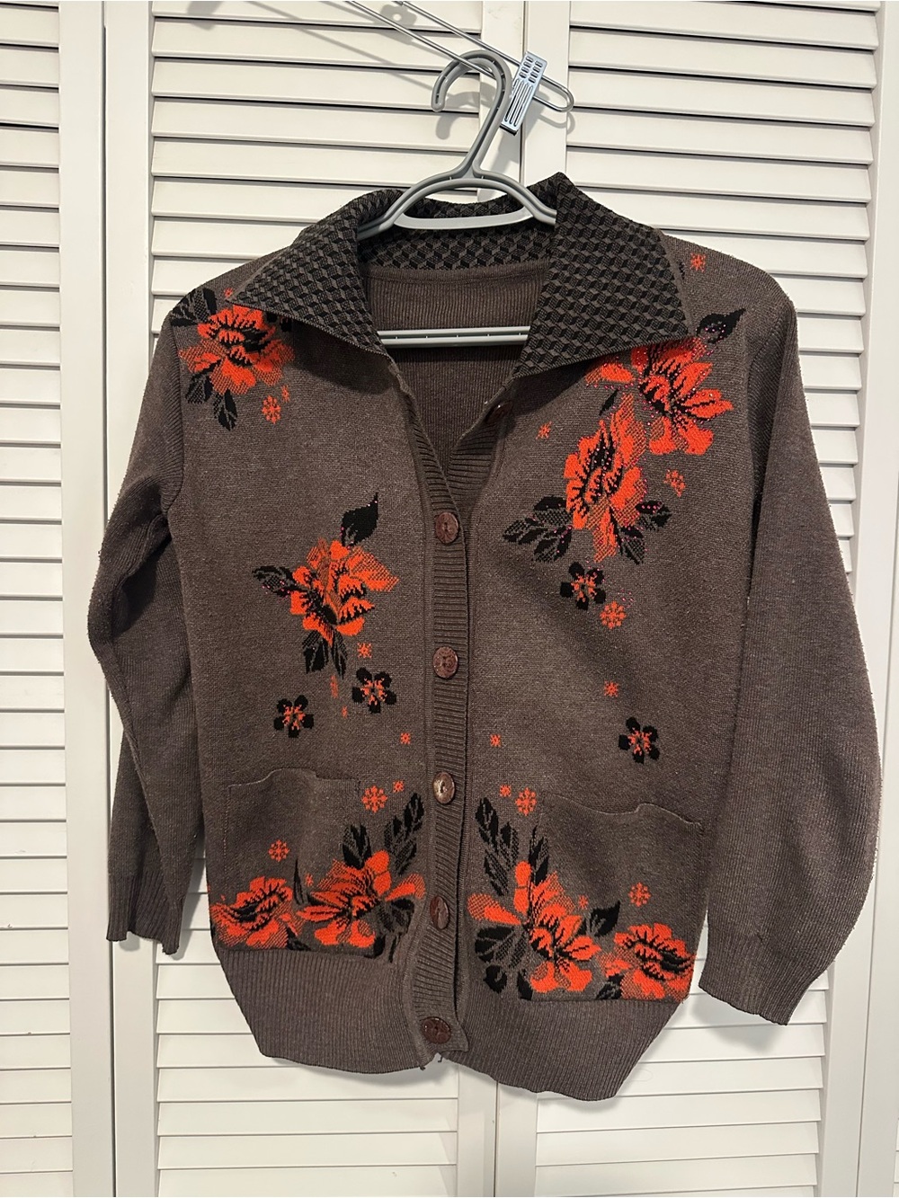 Brown Button-Up Cardigan with Orange Floral Accent